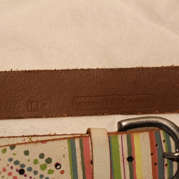 Y2K FOSSIL Leather Boho VTG Belt, Flowers Stripes Dots Size Lrg - Picture 3 of 7